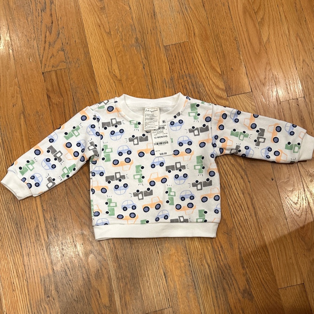 NWT. First Impressions White Sweatshirt with Colorful Vehicle‎ Print 12 months